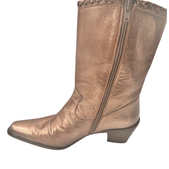 Stuart Weitzman Gold Leather Cowboy Boot 7 M Whipstitch Coastal Cowgirl Designer - Picture 2 of 16